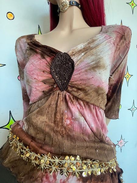 Y2K Pink & Brown Tie-Dye Crochet Embellished Top Fairy Grunge Boho L