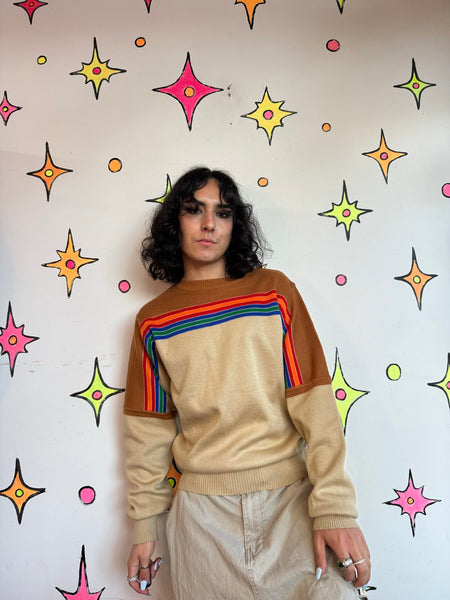 Vintage 70s Rainbow Striped Sweater | Retro Hippie Knit Pullover Skater Grunge M/L
