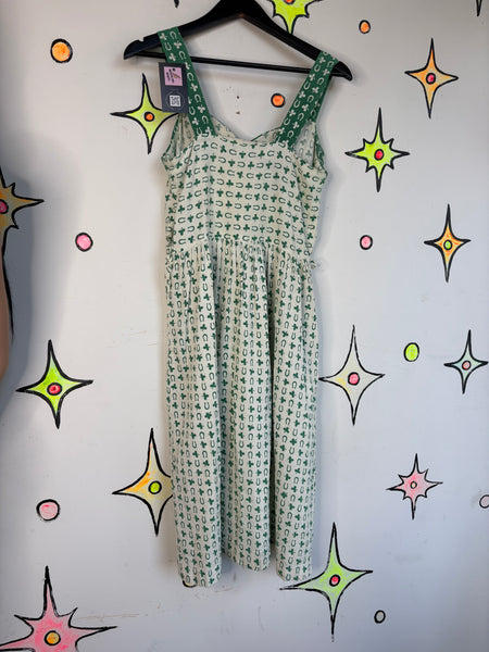 1950s Green Irish Novelty Dress Lucky Horseshoe Print Fit & Flare Pin Up - M
