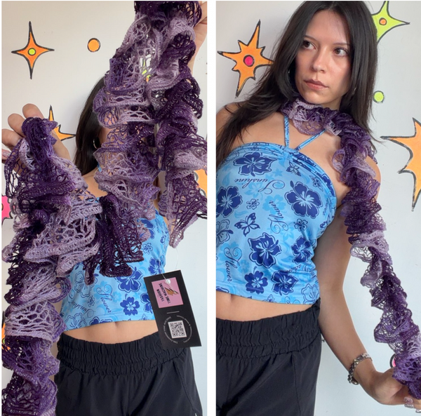Y2K Purple Crochet Scarf Fairycore Shabby Chic Metallic Knit Wrap Ruffle Boa