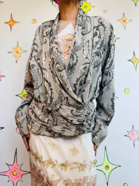 Vintage 90s Edwardian Romantic Gothic Revival Blazer | Silky Silver Paisley |14