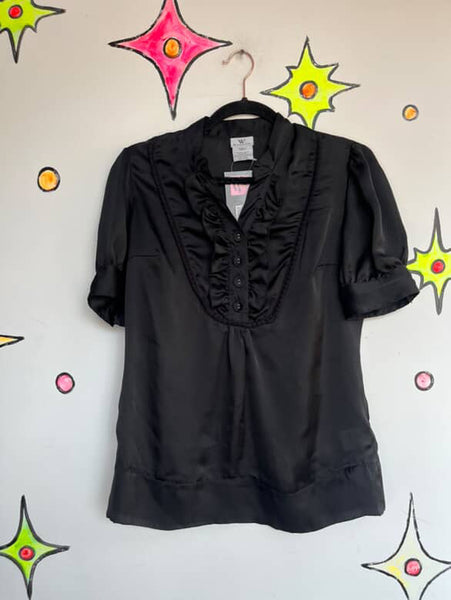 Vintage 90s Y2K | Black Silky Preppy Goth Glam Dark Academia Blouse | Size S