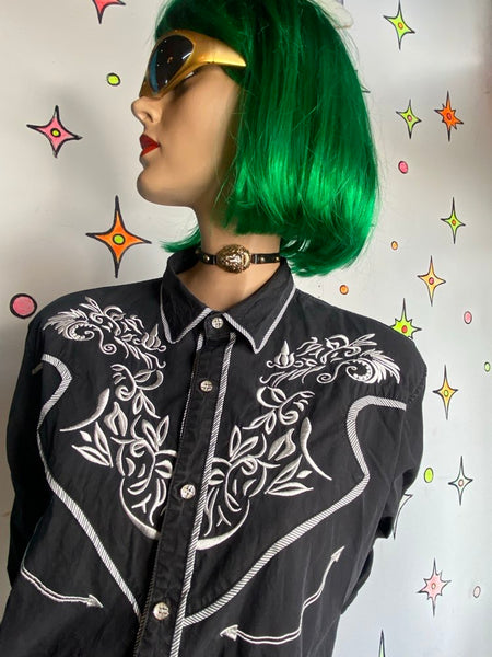 Men’s Black Embroidered Western Shirt Goth Cowboy Grunge Button Down L