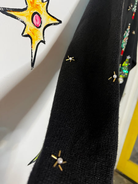 Vintage Embellished 80s 90s Black Ugly Tacky Christmas Sweater Cardigan – XL