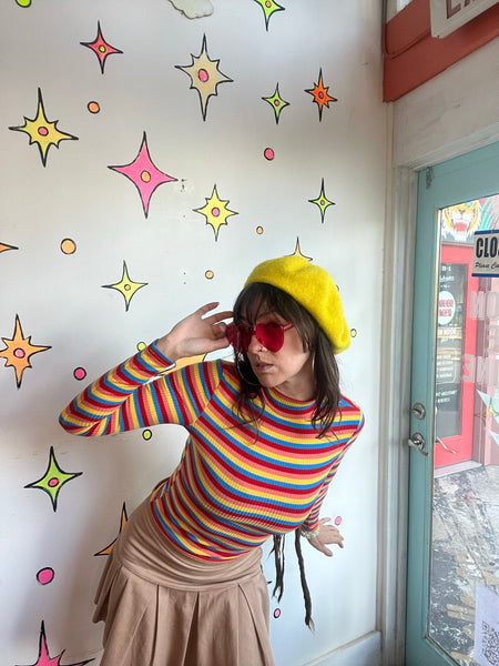 Rainbow Ribbed Turtleneck Clowncore Retro Mod 60s Y2K Colorful Stretch Top XS