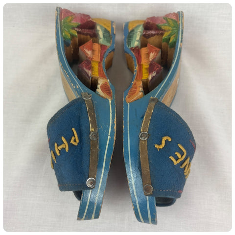 Vintage 1940s Hand Carved Painted Wooden Platform Heels Philippines Folk Art - 6
