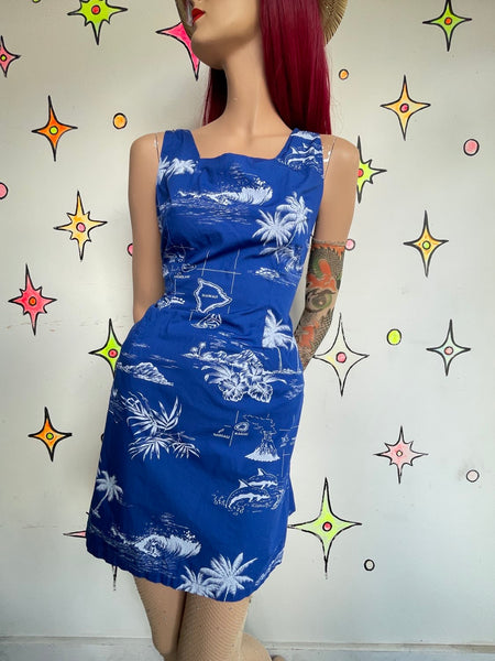 Vintage Retro Blue Aloha Hawaiian Mini Souvenir Vacation Tiki Dress M