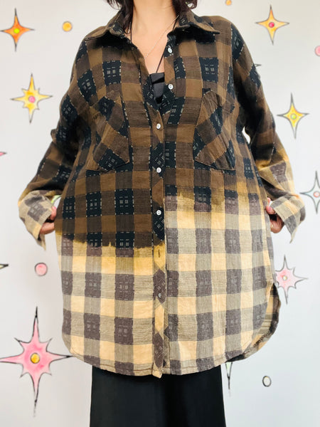 Y2K Brown Boho Grunge Plaid Patchwork Flannel Oversized Boyfriend Shirt M