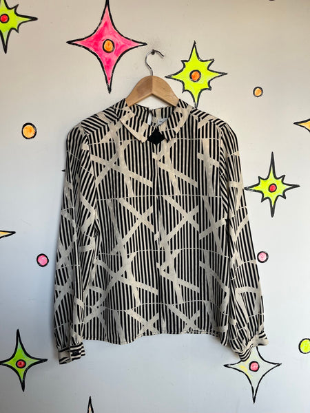 Vintage 80s Geometric Print Office Siren Blouse Power Top Secretary Chic 9/10