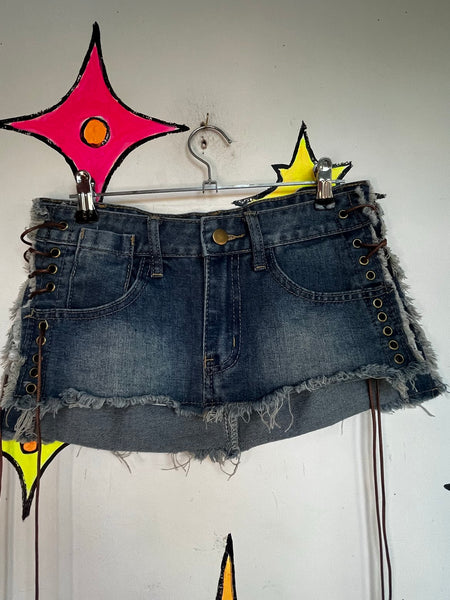 Y2K Indie Sleaze Ultra Mini Denim Skirt Lace Up 2000s Grunge McBling Clubwear XS