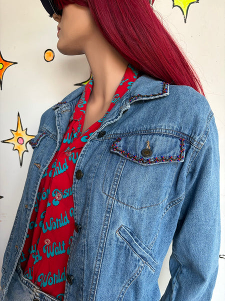 90s Embellished Beaded Denim Jean Jacket Fairy Grunge Whimsy Western S/M