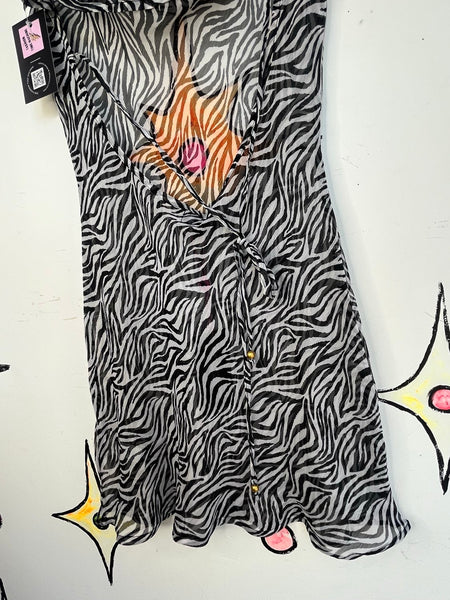 Y2K Zebra Print Sheer Slip Dress | Indie Sleaze Glam Boho Mini Dress SM