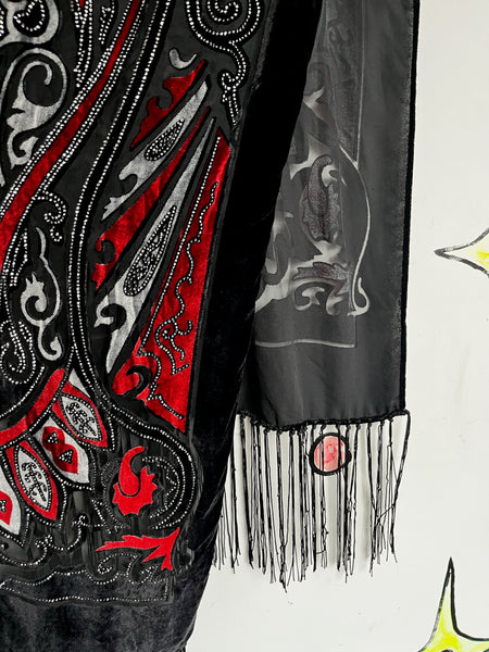 Vintage Black & Red Velvet Fringe Shawl Western Boho Flapper Witchy Goth Scarf