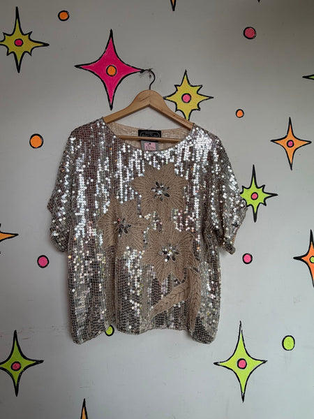 Vintage 1980s Art Deco Silver Sequin Flapper Silk Disco Top | L