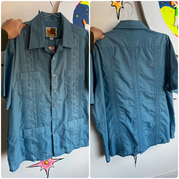 Vintage | Blue Men's Guayabera Haband Embroidered Shirt | Size L
