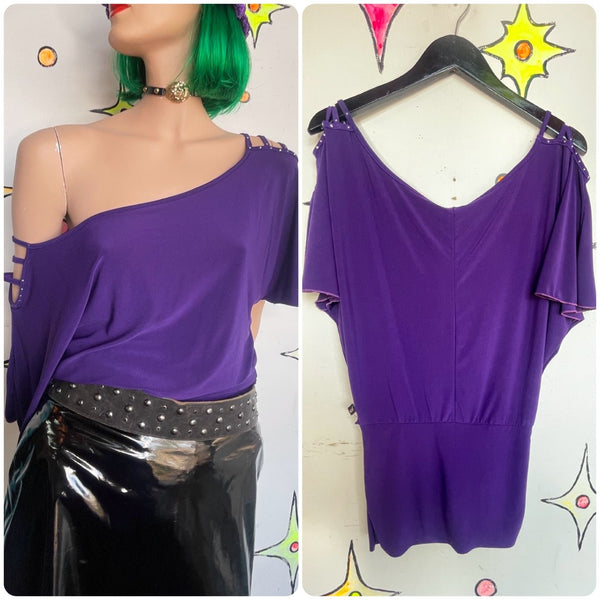 Purple Y2K Off The Shoulder Top Indie Sleaze Glam Stretchy Tunic Top XL