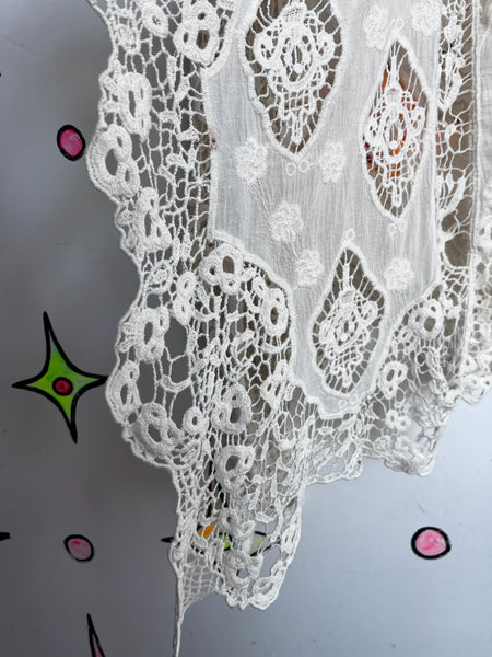 Vintage White Crochet Long Vest ' Boho Western Duster Fairy Grunge Lace Layer SM