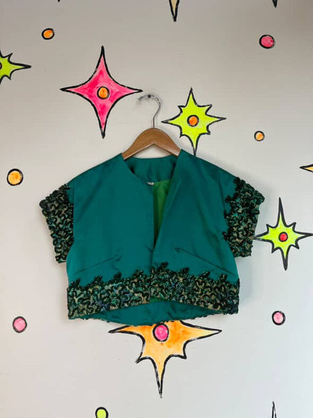 Vintage 40s Green Satin Sequined Cropped Bolero – Circus Costume Jacket – XS