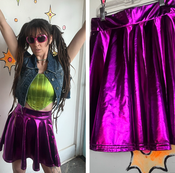 NWT Fuchsia Metallic Skater Skirt Galactic Alien Y2K Space Girl Cosplay Twirl S