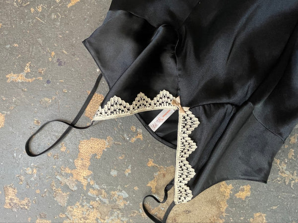 Y2K Black Satin & Lace Babydoll Slip Dress - Whimsy Goth Romantic - M