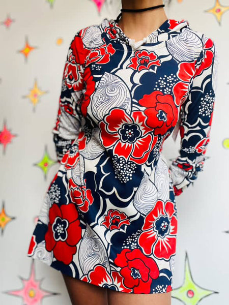 Vintage 60s Navy Red White Psychedelic Print Micro Mini Dress Mod Space Age - XS