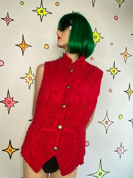 Red Western Carpet Vest Painted Pony Tapestry Cowgirl Boho Large