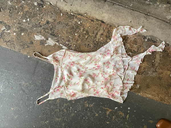 Fairy Grunge Y2K Pastel Pink Floral Handkerchief Hem Ruffle Lace Cami Romantic S