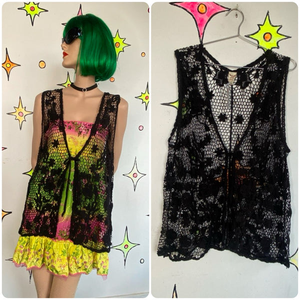 Black Crochet Floral Vest Faded Glory Whimsigoth Boho Layering XL+