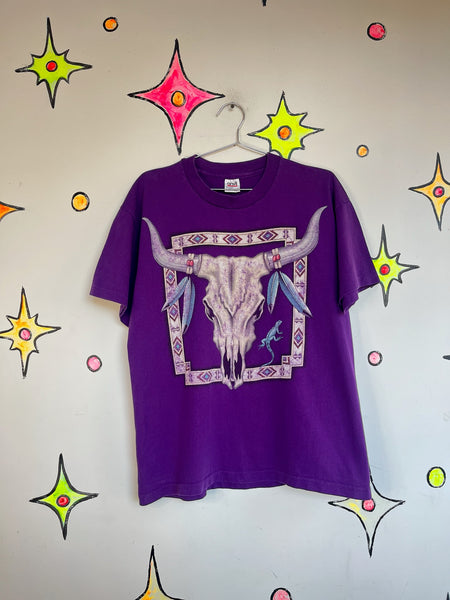 Vintage 90s Native American Dreamcatcher Skull Tee Purple Boho Grunge T Shirt L
