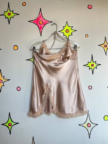 Vintage 90s Y2K Blush Pink Satin Lace Fairy Grunge Princess Mini Slip Dress M