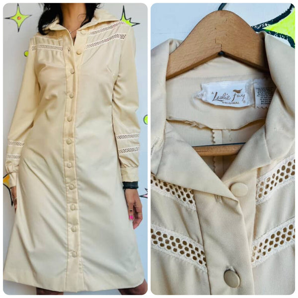 Vintage 70s Off-White Western Boho Dress | Dagger Collar | Cut-Outs | Size M