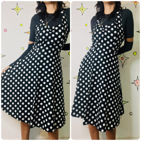 Vintage Retro 50s Style Black & White Polka Dot Halter Fit & Flare Swing Dress | L