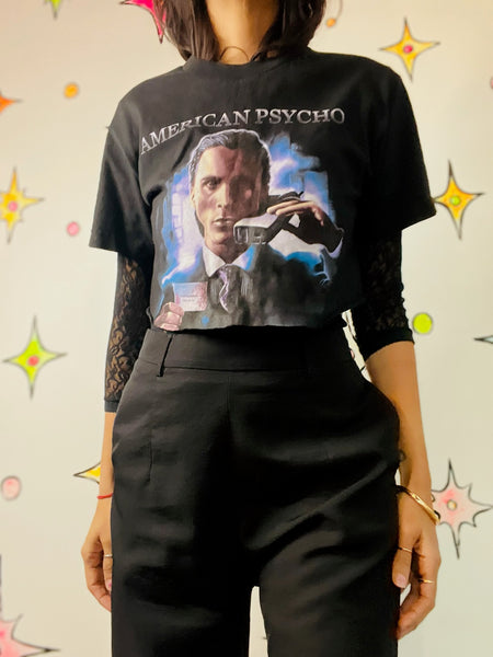 Y2K Cut Off Cropped American Psycho Graphic Tee - Cult Film Horror Shirt - Small