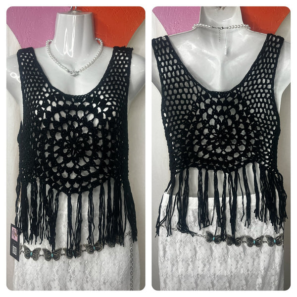 Y2K 60s 70s style | Black Crochet Fairy Grunge Whimsy Goth Boho Top | Free Size