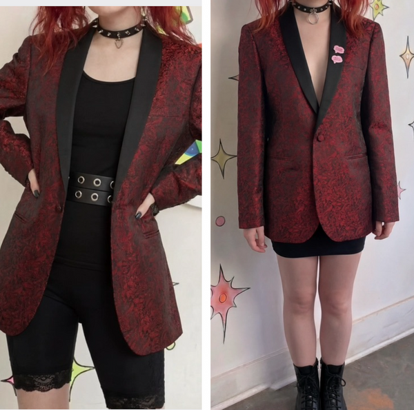 Red & Black Baroque Goth Smoking Jacket Slim Fit Party Blazer Tuxedo 38-40