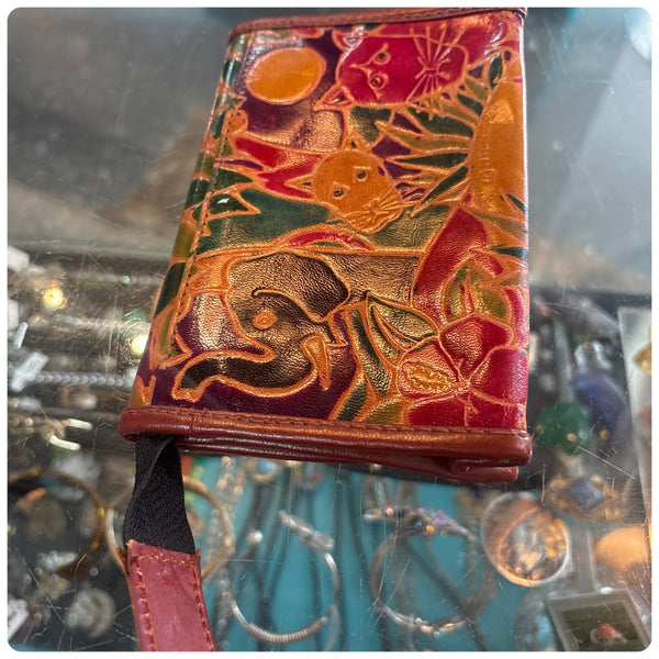 90s Hand-Tooled Rainbow Cat Print Patent Leather Clutch Folk Art Cottagecore