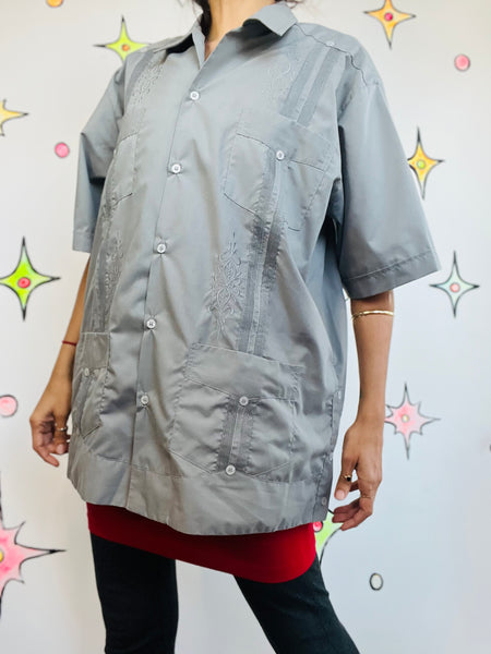 Vintage Gray Men's Embroidered Guayabera Shirt Haband Style Shirt Size 42/L