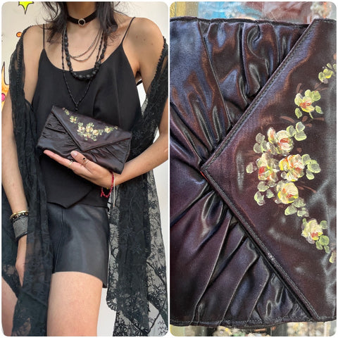 Vintage 50s Black Silk Hand Painted Art Wear Goth Formal Evening Bag Red Lining