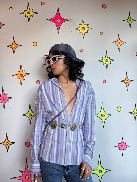 Y2K Purple Pinstripe Shirt Fairy Goth Mall Goth Indie Sleaze Grunge L/XL