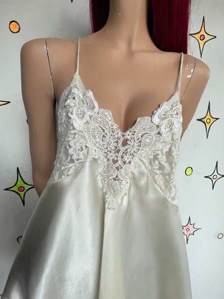 Ivory Satin & Lace Beaded Slip Dress Romantic Fairy Whimsy Grunge Mori Kei M