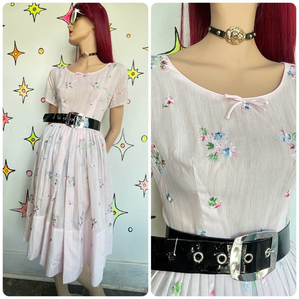 Vintage Pastel Pink Embroidered Babydoll Dress Fit & Flare Kawaii Coquette S