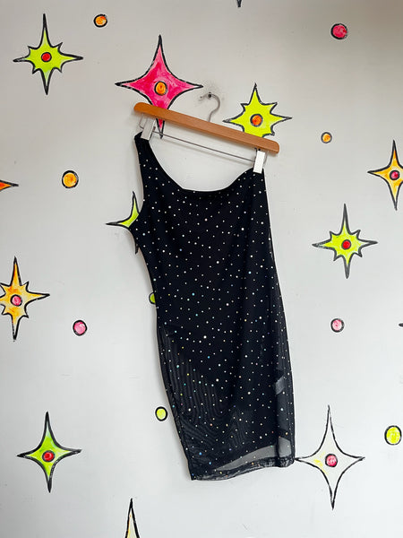 Vintage Y2K Dance Costume ' Black & Silver Glitter Circus Leotard Playsuit - Goth Glam