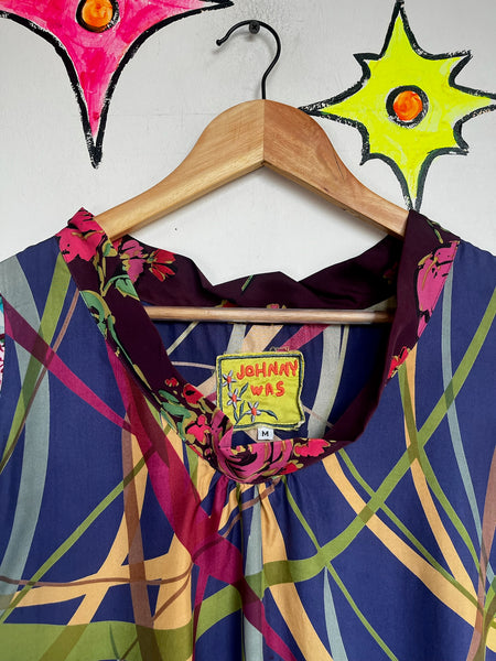 Vintage Johnny Was Silk Patchwork Midi Dress - Boho Fairy Grunge Artwear - M