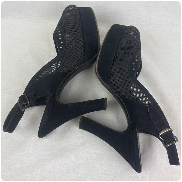 40s Black Mesh Suede Peep Toe Platform Heels Rhinestones Witchy Cha Cha – 6.5–7