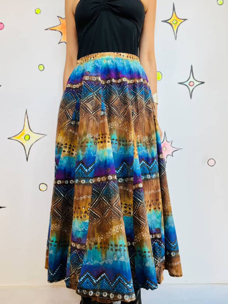 90s Y2K Rainbow – Chicos Tie-Dye Fairy Boho Grunge Cotton Silk Maxi Skirt – M
