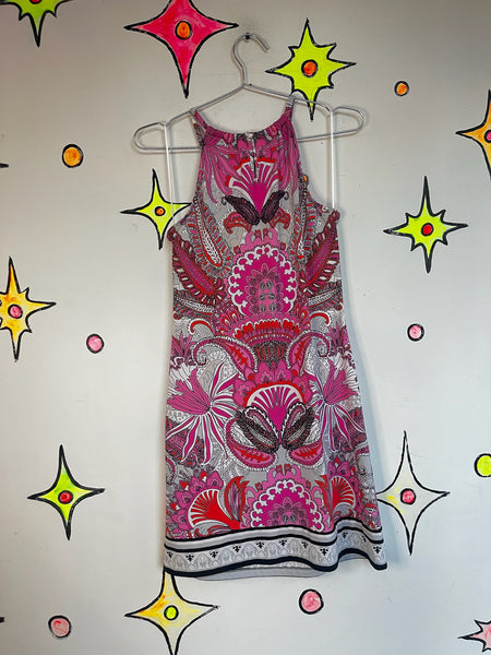 Vintage 90s Retro 60s 70s Mod GoGo Psychedelic Pink Paisley Mini Party Dress PS