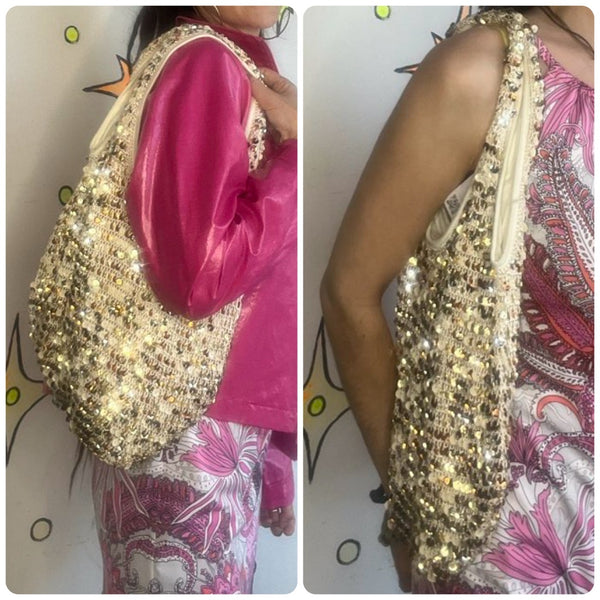 Y2K Gold Sequin Beaded Crochet Bag | Fairycore Glam Shoulder Purse