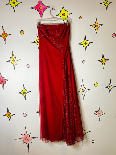 Vintage 90s Y2K Red Glitter Fairy Grunge Formal Strapless Holiday Maxi Dress – M