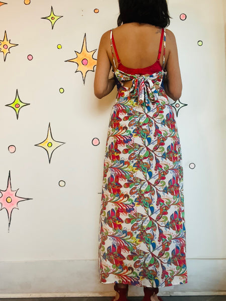 Retro 90s does 70s Rainbow Psychedelic Groovy Floral Maxi Dress S/M