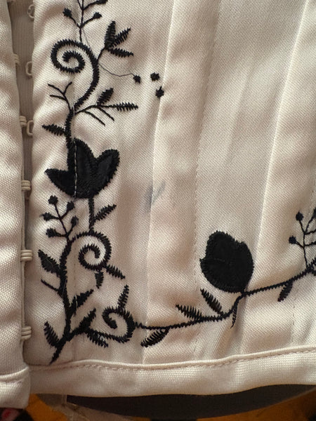 Y2K Black & White Silky Rococo Coquette Fairy Grunge Embroidered Goth Corset | L